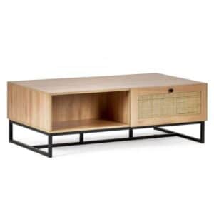 Padstow Coffee Table Oak & Rattan on Black Frame Base
